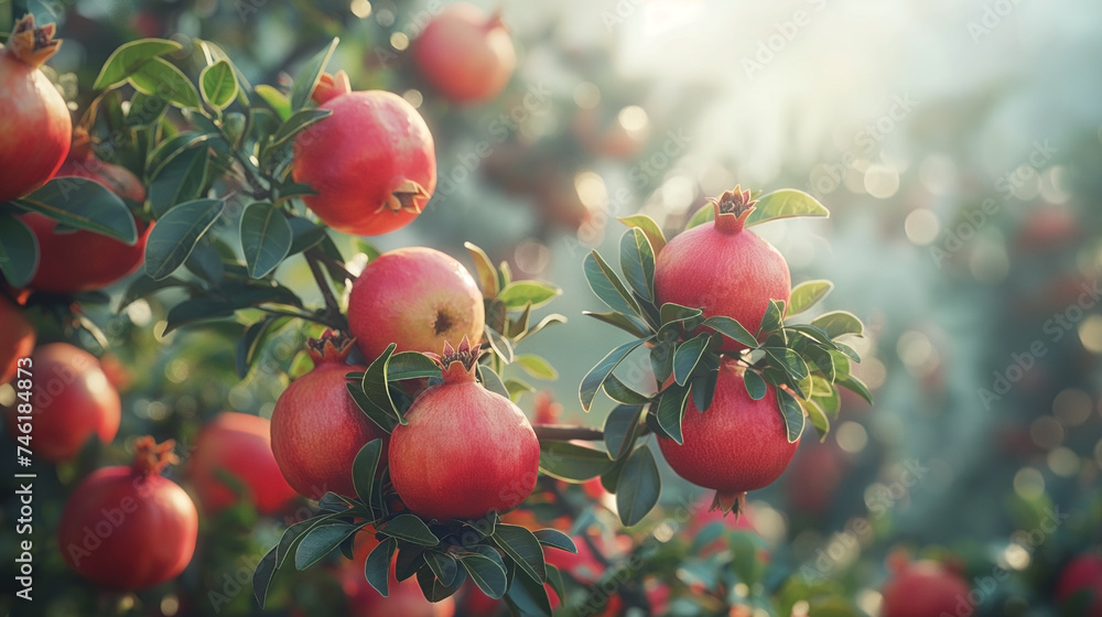 Obraz premium Pomegranate one type of four species in a plantation on trees With copyspace for text