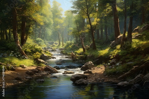 Serene Forest river. Water flow scenery. Generate Ai