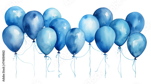 Delicate brushstrokes create a dreamy scene of azure balloons.