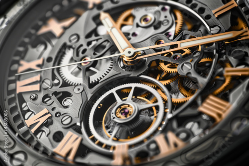 A combination of precision gears and gears that drive a clock. Precision industrial production concept.