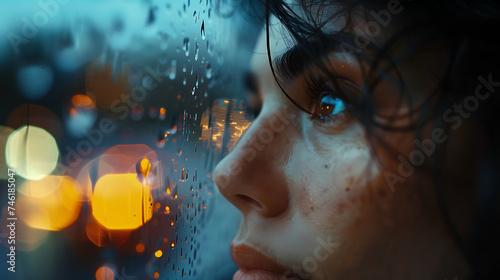 Reflexão em um dia de chuva olhar pensativo através da janela embaçada com luzes da cidade ao fundo photo