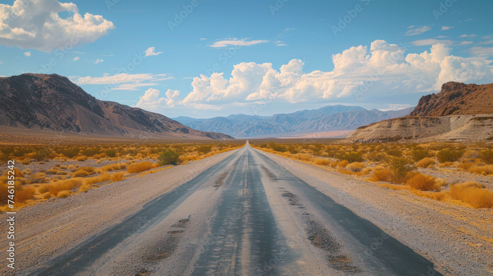 Empty desert highway mountains under a vast sky with clouds – a captivating American road journey through nature's beauty