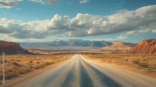 Desert Highway Journey Beneath Cloudy Skies:  Mountain Road Travel in Scenic Nature Landscape
