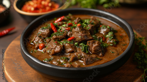 Stew beef in brown sauce in dark style.