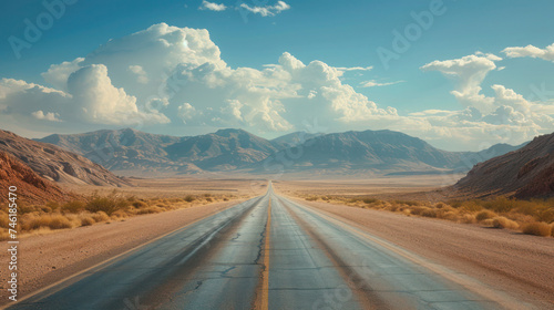Desert Highway and Mountains Under a Clear Sky