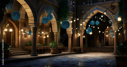 a courtyard lit up with hanging blue lights