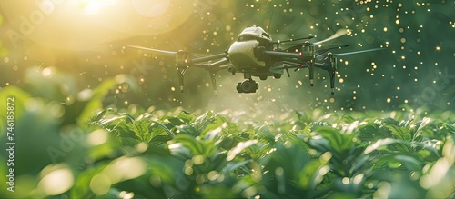 A small plane is seen flying over a vibrant green field, likely on a crop-dusting mission to support agriculture practices. The lush landscape indicates fertile soil and healthy vegetation. The planes