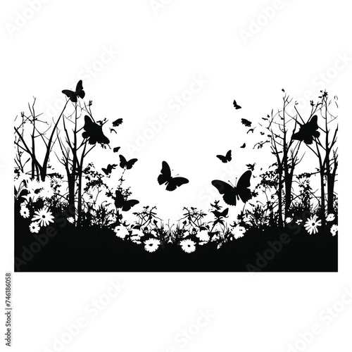 A set of silhouettes of a graceful tree blooming flowers with birds. 