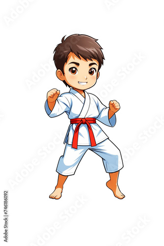 Cartoon little boy practicing karate