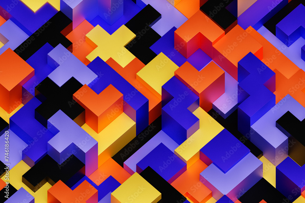 3D rendering of an abstract multi-colored pattern of shapes