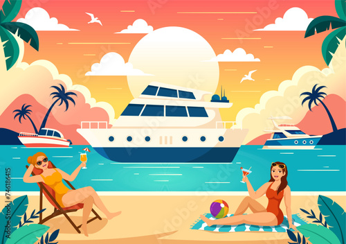 Yachts Vector Illustration with Ferries Cargo Boats and Ship Sailboat of Water Transport at the Beach in Sunset Flat Cartoon Background