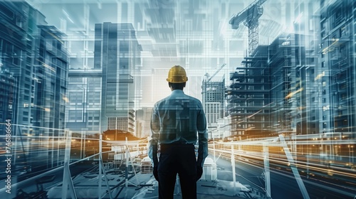 A construction engineer in a hard hat, stands surrounded by towering cranes and emerging structures in warm light of sunset, highlighting the industry and progress of the urban landscape