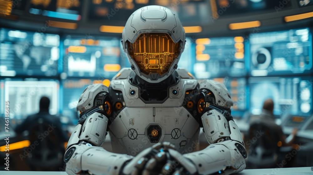 A futuristic robot sits at a desk in a sleek office space surrounded by screens displaying data and graphs. In the background people are seen going about their daily lives A futuristic robot sits at a desk in a sleek office space surrounded by screens displaying data and graphs. In the background people are seen going about their daily lives