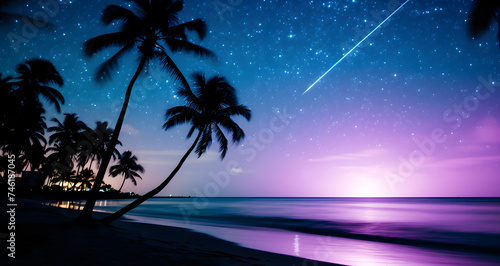 night sky with stars and palm trees over the ocean
