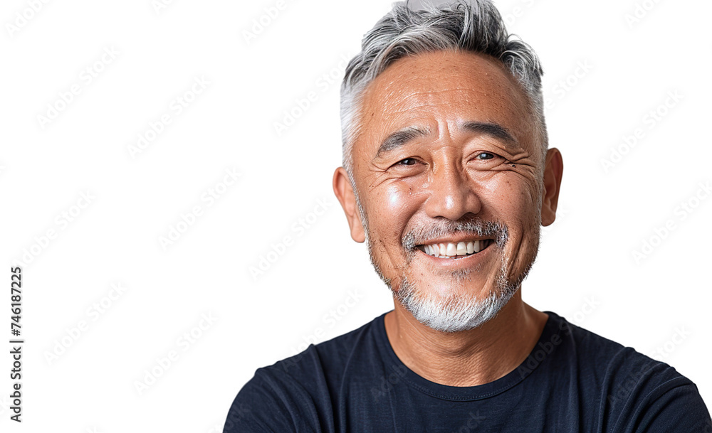 a 60 year old Chinese man that is smiling but Young, stylish, rich. in a T-shirt a 60 year old Chinese man that is smiling but Young, stylish, rich. in a T-shirt