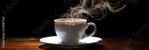Morning Delight: A Steaming Cup of Freshly Brewed Hot Coffee on a Dark Wooden Table