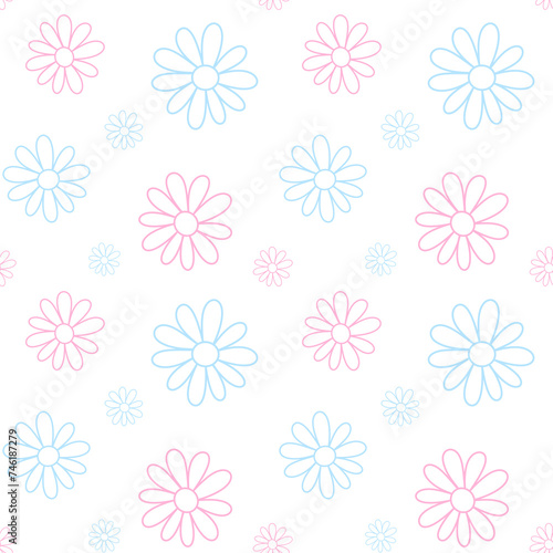 Soft floral seamless pattern with hand drawn pink and blue flowers on white background. Cute doodle botanical allover illustration great for baby clothes
