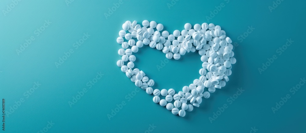 Heart shape of white pills on blue background