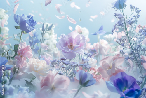 Pastel dreamscape  a blend of spring flowers in soft focus  with floating petals