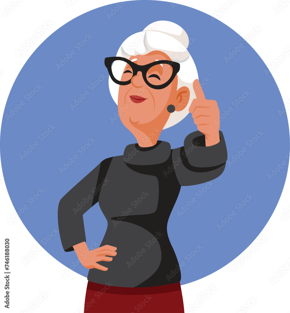Elderly Woman Holding Thumbs-up Vector Cartoon Character. Cheerful positive grandma feeling optimistic and wise 
