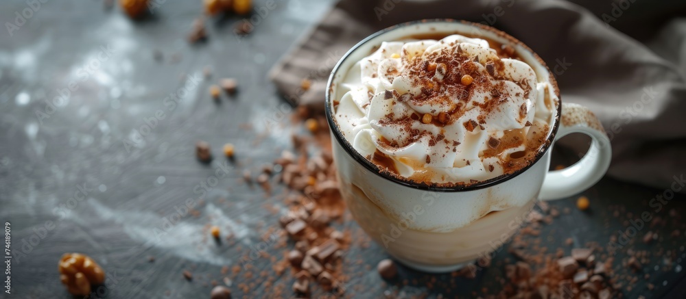 A cup filled with hot chocolate, topped with a generous swirl of whipped cream and sprinkled with chocolate crumbs. The steam rising from the hot beverage adds to the inviting appeal of the drink. A cup filled with hot chocolate, topped with a generous swirl of whipped cream and sprinkled with chocolate crumbs. The steam rising from the hot beverage adds to the inviting appeal of the drink.