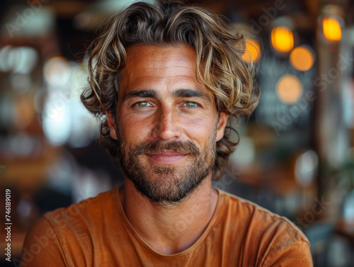 Man with Beard and Wavy Hair Smiling