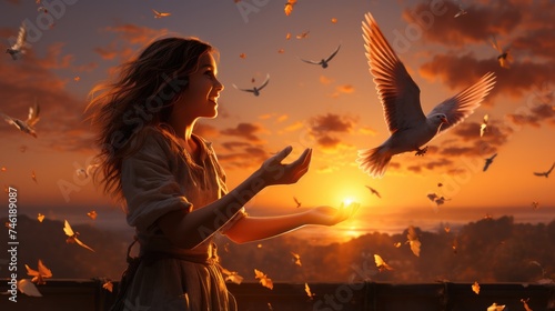 women's hands holding a flying pigeon on heaven background at sunset.