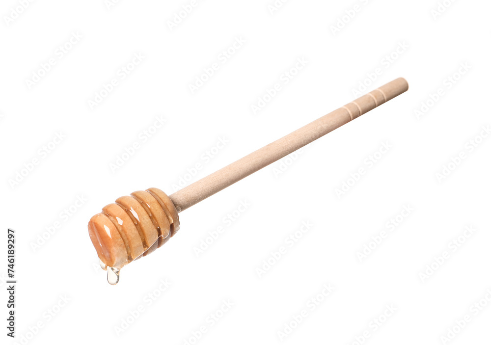 Natural honey dripping from dipper on white background Natural honey dripping from dipper on white background