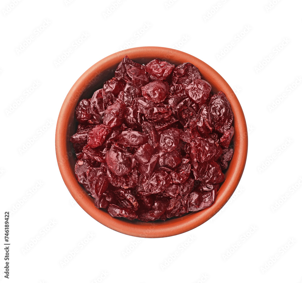 Dried cranberries in bowl isolated on white, top view Dried cranberries in bowl isolated on white, top view