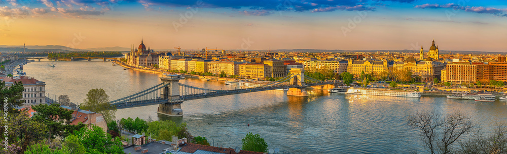 Budapest Hungary, panorama city skyline at Danube River with Chain Bridge