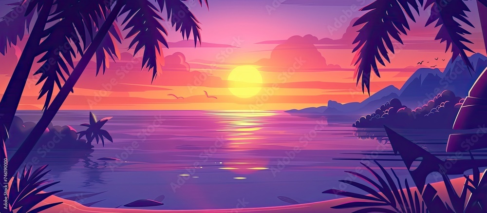 The image captures a stunning sunset over a sea landscape, with palm tree silhouettes adorning the beach. The vibrant colors of the sky reflect on the water, creating a picturesque scene typical of
