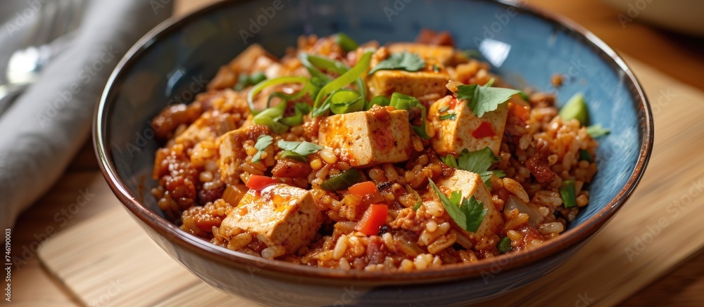 A bowl filled with a flavorful combination of bamboo shoots, silky tofu, spicy bac rice, and topped with zesty chili.