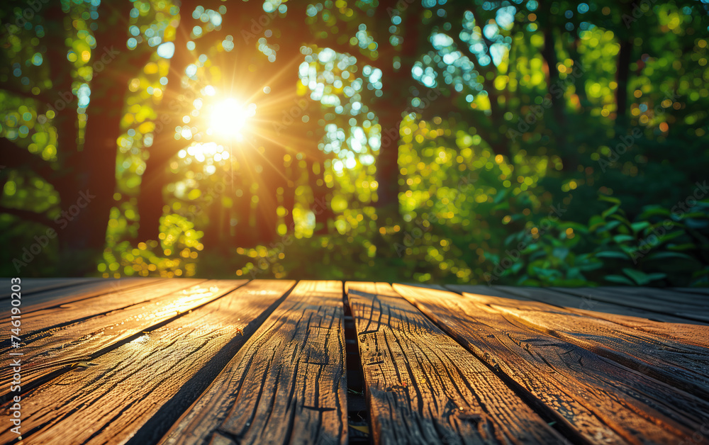 wooden display stand in summer woods,created with Generative AI tecnology. wooden display stand in summer woods,created with Generative AI tecnology.