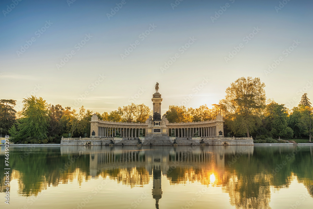 Madrid Spain, sunrise city skyline at El Retiro Park