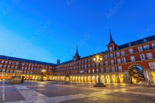 Madrid Spain, night city skyline at Plaza Mayor