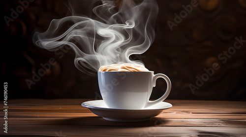 Morning Delight: A Steaming Cup of Freshly Brewed Hot Coffee on a Dark Wooden Table