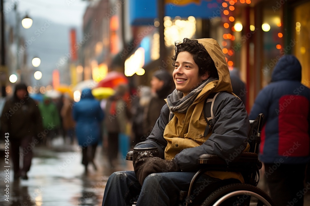 Cheerful young man in a wheelchair enjoying a stroll on a bustling city street on a rainy day while wearing a stylish brown jacket and flashing a warm smile as he gazes towards the left - obrazy, fototapety, plakaty 