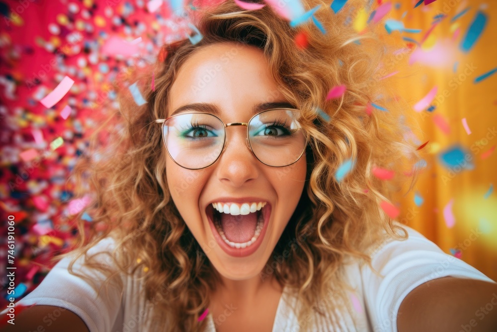 Happy woman having fun at a party. Surprise Happy Birthday celebration. Corporate party at the office Happy woman having fun at a party. Surprise Happy Birthday celebration. Corporate party at the office
