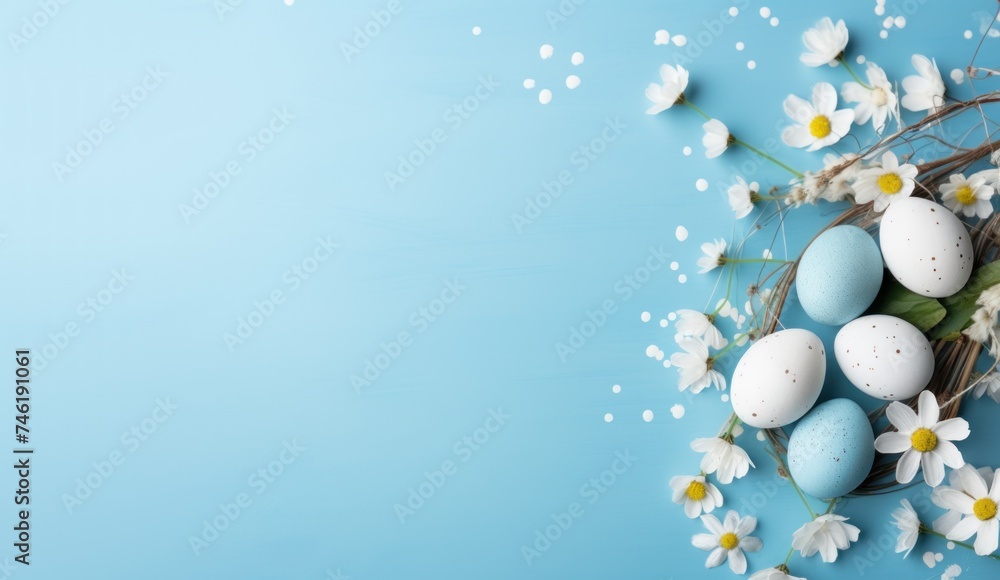 Easter blue background with eggs and empty space Easter blue background with eggs and empty space
