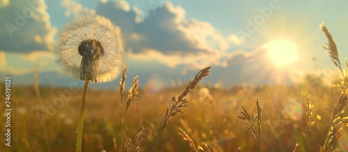 A fluffy dandelion stands tall in the middle of a vast field of green grass under the summer sun, showcasing the contrast between its delicate petals and the surrounding vegetation.