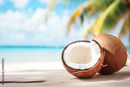 Half coconut piece on the paradise beach background with empty space for advertising product. Exotic coconut milk ads banner. Summer tropical vacation wallpaper