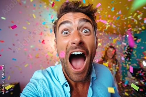 Happy guy screaming on the camera, blurred party background. Work corporate party. Smiling office worker dance and sings