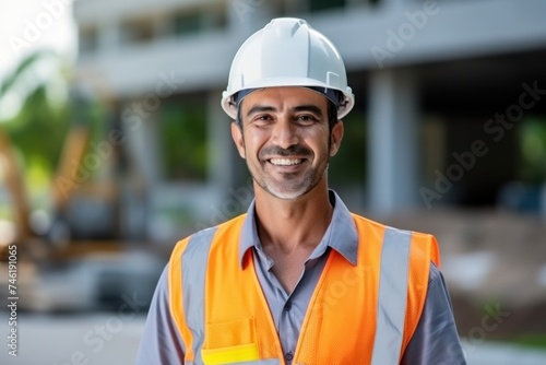Construction worker smiling face portrait. Industry worker look at camera. Industry engineer in safety hardhat