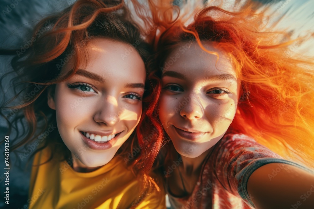 Happy sisters face portrait. Smiling girlfriends take a selfie on smartphone. Fun teenagers friendship banner Happy sisters face portrait. Smiling girlfriends take a selfie on smartphone. Fun teenagers friendship banner