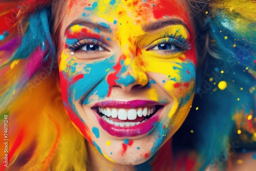 Indian festival Holi. Smiling colorful woman face portrait close-up view. Tourism in India. Advertising Indian travel banner. Funny children animator work