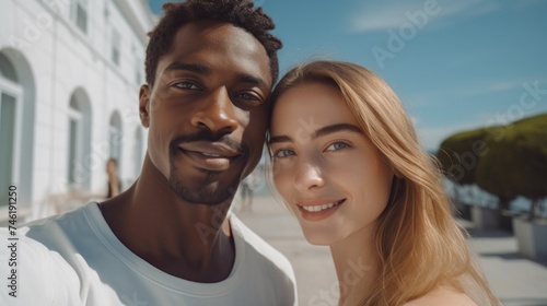Happy international couple face portrait. Black guy and white woman make selfie. Affectionate couple in vacation. Romantic lovers on date