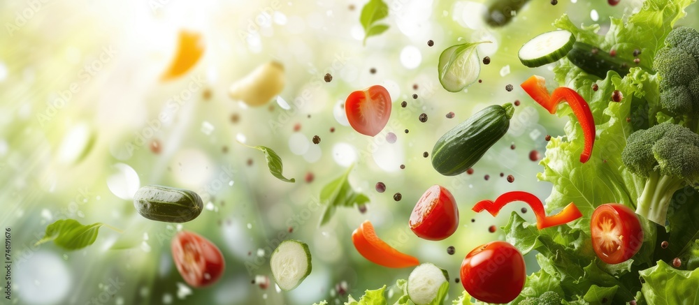 This photo captures the moment when a variety of fresh organic vegetables are suspended mid-air, against a vibrant green background, illustrating the concept of healthy food and nutrition. This photo captures the moment when a variety of fresh organic vegetables are suspended mid-air, against a vibrant green background, illustrating the concept of healthy food and nutrition.