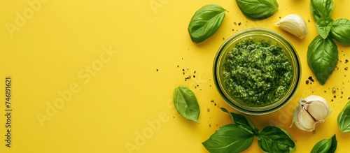 A top view of a glass jar filled with green pesto basil leaves and garlic, placed on a vibrant yellow background.