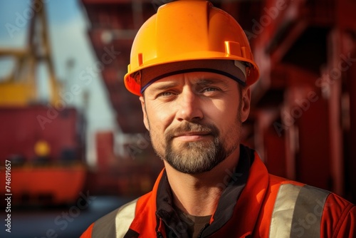Face portrait of a smiling worker in safety hard hat. Sea worker in port. Workman look at camera, blurred sea containers background © SD Danver