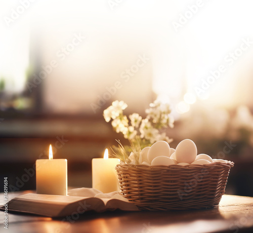 In a brightly lit church, there is a basket of eggs symbolizing the resurrection of Jesus Christ, candles and a Bible in the background, Generative AI 